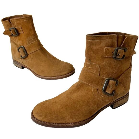 SAKS FIFTH AVENUE ITALY 10022 SHOES CAMEL SUEDE ANKLE BUCKLE BOOTS - Picture 14 of 14